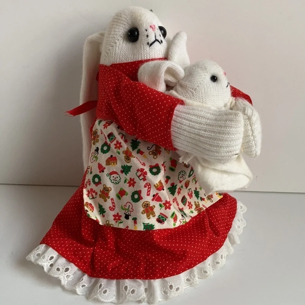 Vintage 80s Christmas sock bunny and baby red dress and Christmas print apron
